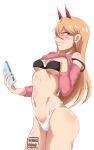  1girl absurdres black_bra blonde_hair blush bra bra_strap breasts cellphone chainsaw_man clothes_lift commentary_request cowboy_shot grin hair_between_eyes highres holding holding_phone horns long_hair long_sleeves navel phone pink_sweater power_(chainsaw_man) sebasdono sharp_teeth simple_background small_breasts smartphone smile solo standing stomach strap_slip sweater sweater_lift teeth underwear very_long_hair white_background yellow_eyes 