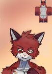  anthro fur hazzy_(kaiju_paradise) hi_res hybrid kaiju_paradise looking_at_viewer male red_body red_fur roblox sanokiro sharp_teeth simple_background smug smug_grin solo teeth 