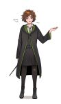  1girl anger_vein artist_name black_footwear black_pantyhose blonde_hair brown_hair collared_shirt commentary english_commentary full_body green_necktie harry_potter:_hogwarts_mystery harry_potter_(series) highres hogwarts_school_uniform holding holding_wand jyan_(jyan0209) long_sleeves looking_at_viewer merula_snyde multicolored_hair necktie open_mouth pantyhose pink_eyes school_uniform shirt shoes short_hair simple_background slytherin solo two-tone_hair uniform wand white_background white_shirt wizarding_world 