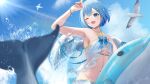  1girl absurdres arm_up bikini bird blue_eyes blue_hair blue_sky breasts character_request cloud cloudy_sky dolphin eagle highres indie_virtual_youtuber nakaneabura8623 navel one_eye_closed short_hair sky small_breasts stomach sun swimsuit virtual_youtuber 