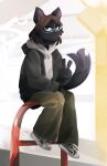  5_fingers absurd_res anthro biped blue_eyes bottomwear brown_hair chocoholicmonkey clothed clothing domestic_cat eyewear felid feline felis fingers gesture glasses hair hi_res hoodie male mammal pants pupils slit_pupils solo tail topwear v_sign 