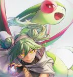  1girl bandaged_arm bandages cape double_bun dragon fangs flygon great_ball green_hair ground_miku_(project_voltage) hair_between_eyes hair_bun hatsune_miku highres looking_at_viewer open_mouth orange_eyes poke_ball pokemon pokemon_(creature) project_voltage rbfflddl smile twintails vocaloid 
