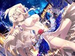  2girls alternate_costume armpits blonde_hair blush breasts circlet cleavage dancing dress drill_hair flower ginrei_(senran_kagura) grey_hair hairband high_heels highres large_breasts leo_(senran_kagura) long_hair looking_at_viewer multiple_girls night night_sky official_alternate_costume official_art one-piece_swimsuit open_mouth pink_eyes rose senran_kagura senran_kagura_new_link senran_kagura_new_wave sky smile star_(sky) starry_sky swimsuit underboob very_long_hair 