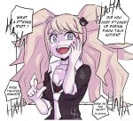  1girl bear_hair_ornament black_bra black_choker black_necktie black_shirt blonde_hair blue_eyes bra breasts choker cleavage collarbone collared_shirt commentary_typo crying crying_with_eyes_open danganronpa:_trigger_happy_havoc danganronpa_(series) english_commentary english_text enoshima_junko fingernails gameplay_mechanics hair_ornament hand_on_own_face large_breasts laughing long_fingernails long_hair nail_polish necktie open_mouth pointing pointing_at_viewer profanity rajaie101 red_nails school_uniform shirt simple_background smug solo tears teeth twintails twitter_username two-tone_necktie underwear upper_body upper_teeth_only white_background white_necktie 