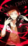 1boy ambiguous_red_liquid black_background black_hoodie broken_mask brown_shirt casual circle colored_text commentary_request cross-laced_clothes cross-laced_slit dark_background english_text fingernails hood hood_up hoodie kagerou_project kano_shuuya light_brown_hair looking_at_viewer male_focus mask notched_neckline open_mouth print_hoodie red_eyes shirt short_bangs short_hair short_sleeves sleeves_past_elbows slit_pupils solo t-shirt teeth tsuki_miyabi tsurime upper_body upper_teeth_only yobanashi_deceive_(vocaloid) 