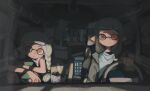  2girls agent_3_(splatoon) agent_3_(splatoon_3) blonde_hair blunt_bangs braid closed_mouth dr_mice green_hair highres inkling inkling_girl long_hair multiple_girls orange_eyes pointy_ears red_eyes side_braid sitting splatoon_(series) splatoon_3 steering_wheel tentacle_hair vehicle_interior 