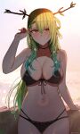  1girl antlers bare_shoulders bikini black_bikini blush braid braided_bangs breasts ceres_fauna cleavage closed_mouth collarbone flower front-tie_bikini_top front-tie_top green_hair hair_flower hair_ornament highres hololive hololive_english kotodekun large_breasts long_hair looking_at_viewer mole mole_under_eye multicolored_hair multiple_girls navel smile solo swimsuit virtual_youtuber yellow_eyes 