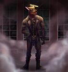  acidwuff anthro brown_body brown_nose canid canine canis clothed clothing dobermann domestic_dog fog front_view full-length_portrait fully_clothed green_eyes halo hand_on_hip hi_res inside looking_aside male mammal pinscher portrait solo standing 