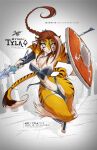  anthro armor bow_(weapon) breasts brown_hair chest_tuft countershade_torso countershading felid female fur hair hi_res jesonite mammal melee_weapon orange_body orange_fur pantherine ranged_weapon shield solo stripes text tiger tuft tyla_(jesonite) unconvincing_armor weapon 