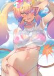 1girl amo_takumi bikini blonde_hair blue_eyes blurry blurry_background blush bombergirl bracelet breasts chain cloud crop_top day dog_tags eyepatch eyewear_on_head fuse fuse_tail hair_between_eyes highres jewelry large_breasts lit_fuse long_hair looking_at_viewer multicolored_hair olive_(bombergirl) outdoors pink_bikini pink_hair pink_nails see-through shirt short_sleeves side-tie_bikini_bottom sidelocks sky solo sunglasses sweat swimsuit tail tongue twintails v v_over_eye white_shirt 