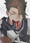  1boy absurdres achilles_(fate) blood blood_from_mouth blood_in_mouth blood_on_face blood_on_hands brown_eyes brown_hair eyelashes fate/apocrypha fate_(series) finger_in_own_mouth gauntlets haruakira highres male_focus one_eye_closed orange_sash short_hair simple_background solo speech_bubble tooth translation_request undercut upper_body white_background 