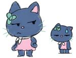  accessory bodily_fluids clothing dress eyelashes felid feline female flower flower_in_ear frido_(hello_kitty) green_whiskers hand_on_hip indigo_body mammal pink_clothing pink_dress plant quiet-usagi sanrio solo sweat tagme whiskers 