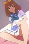  1girl aqua_neckerchief artist_name bed_sheet black_skirt blue_eyes blue_sailor_collar brown_hair closed_mouth feet_out_of_frame hair_ribbon hand_on_own_thigh hibike!_euphonium highres kitauji_high_school_uniform knees_apart_feet_together leaning_back liz_to_aoi_tori long_hair miniskirt neckerchief pleated_skirt ribbon sailor_collar school_uniform shirt sitting skirt solo thighs usagihop white_shirt yellow_ribbon yoshikawa_yuuko 