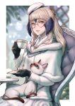  1girl absurdres au_ra black_gloves blonde_hair cam_(cammero95713700) cat cup dragon_horns final_fantasy final_fantasy_xiv fur-trimmed_jacket fur_trim glasses gloves green_eyes highres holding holding_cup horns jacket lips long_hair looking_at_viewer round_eyewear scales sitting solo teacup warrior_of_light_(ff14) 