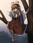  2_horns absurd_res adeline_(oakliz) anthro book bovid caprine female goat hi_res holding_book holding_object horn lo_que_cuentan_los_muertos mammal necktie okaliz plant solo tree 