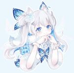  animal_ear_fluff animal_ears artist_name blue_eyes blue_nails blue_ribbon butterfly_hair_ornament child cropped_torso double_bun fairy_wings fur-trimmed_sleeves fur_trim goddess_of_victory:_nikke hair_bun hair_ornament hairclip hands_on_own_chin highres jacket light_blush long_hair n102_(miracle_fairy)_(nikke) n102_(nikke) nail_polish official_alternate_costume own_hands_clasped own_hands_together rainbow_gradient ribbon ridie scrunchie short_sleeves short_twintails snowflake_hair_ornament twintails white_hair white_jacket wings wrist_scrunchie 