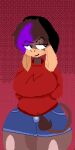  andy_bunny_(sleepu) anthro asinus beanie bottomwear breasts brown_hair clothing cutoffs denim denim_clothing digital_media_(artwork) donkey equid equine female hair hands_behind_back hat headgear headwear hi_res jenny_(aunt_jenn) mammal pixel_(artwork) purple_hair shorts solo sweater tail tail_tuft topwear tuft 