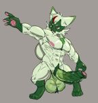  abs anthro balls big_balls big_penis clothed clothing floragato fur generation_9_pokemon genitals green_body green_fur green_penis hair_chest male muscular muscular_male nintendo nipples paws pecs penis pink_eyes pink_nipples pokemon pokemon_(species) premiumdraw pubes simple_background solo 