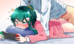  1boy 1girl ass blush commentary_request green_eyes green_hair hair_ornament hair_scrunchie head_out_of_frame heart heart_hair_ornament hetero highres ki_no_nekko long_hair long_sleeves nintendo_switch nose_blush on_bed pillow ponytail prone_bone scrunchie serizawa_momoka sex shirt tokyo_7th_sisters white_shirt 