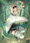  1girl absurdres aqua_eyes bamboo bamboo_forest blonde_hair cutting enokinoko1010 forest hair_between_eyes hair_ribbon hairband hakama hakama_skirt haori highres hololive japanese_clothes katana kazama_iroha long_hair looking_at_viewer nature parted_lips ponytail ribbon samurai scabbard sheath skirt solo sword thighhighs virtual_youtuber weapon white_thighhighs zettai_ryouiki 