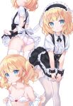  1girl absurdres apron blonde_hair blue_eyes blush bra clothes_lift dress dress_lift highres looking_at_viewer maid maid_apron multiple_views panties parted_lips short_twintails simple_background suika_hiragi thighhighs thighs twintails underwear white_background white_bra white_panties white_thighhighs 