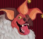  3_ears ambiguous_gender anthro bell big_blue_bubble fluffy fur gyllbaine hi_res hyehehe hyena mammal my_singing_monsters open_mouth open_smile red_body red_fur sharp_teeth smile solo teeth tongue tongue_out yellow_sclera 