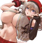  1girl alisa_ilinichina_amiella amania_orz asymmetrical_gloves blue_eyes blush breasts cabbie_hat center_opening curvy dutch_angle elbow_gloves fingerless_gloves gloves god_eater grey_hair hair_between_eyes hat large_breasts long_hair looking_at_viewer navel open_clothes open_shirt parted_lips plaid plaid_skirt shiny_skin shirt simple_background skirt sleeveless sleeveless_shirt solo upper_body 