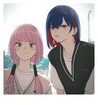  2girls black_sweater_vest blue_eyes blue_hair blunt_bangs blurry blurry_background blush border brown_sweater_vest closed_mouth colored_inner_hair commentary hair_behind_ear hair_tubes half-closed_eyes highres isshiki_(ffmania7) kaf_(kamitsubaki_studio) kamitsubaki_studio lips long_hair looking_at_viewer making_faces multicolored_eyes multicolored_hair multiple_girls pink_hair pout red_eyes red_hair rim_(kamitsubaki_studio) shirt short_hair short_sleeves signature sweater_vest symbol-only_commentary twitter_username upper_body v-shaped_eyebrows virtual_youtuber white_border white_shirt yellow_pupils 