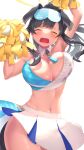  1girl animal_ears armpits arms_up bare_shoulders black_hair blue_archive blue_eyes blush breasts cheering cheerleader closed_eyes collarbone cowboy_shot crop_top dog_ears dog_girl dog_tail eyewear_on_head goggles goggles_on_head halo hibiki_(blue_archive) hibiki_(cheer_squad)_(blue_archive) highres holding holding_pom_poms long_hair midriff millennium_cheerleader_outfit_(blue_archive) navel official_alternate_costume open_mouth pom_pom_(cheerleading) ponytail simple_background skirt sleeveless solo standing sticker_on_face tail text_print white_background white_skirt yellow_halo yuuki1103 