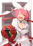  1girl ahoge akisa_yositake bouquet breasts bridal_veil cleavage cleavage_cutout clothing_cutout clover dress elphelt_valentine flower four-leaf_clover guilty_gear guilty_gear_xrd gun hairband highres holding holding_bouquet holding_gun holding_weapon huge_ahoge juliet_sleeves large_breasts long_sleeves looking_at_viewer medium_hair open_mouth pink_hair puffy_sleeves red_flower red_rose rose smile spiked_hairband spikes veil weapon wedding_dress white_dress 