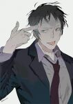  1boy adachi_tooru black_hair black_jacket collared_shirt commentary_request finger_to_face frown furrowed_brow grey_background grey_eyes grey_shirt hand_up jacket kaninn long_sleeves looking_at_viewer male_focus necktie open_mouth persona persona_4 pointing red_necktie shirt short_hair simple_background solo tongue tongue_out twitter_username upper_body 