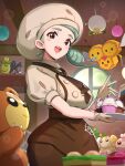  1girl :d apron artist_name ascot blurry blurry_foreground blush_stickers brown_apron brown_ascot brown_eyes brown_skirt buttons ceiling combee commentary_request cupcake fidough food gloves gonzarez green_hair highres holding igglybuff indoors katy_(pokemon) looking_down mole nymble open_mouth pokemon pokemon_(game) pokemon_sv puffy_sleeves shirt short_sleeves skirt smile smoliv spider_web_print tarountula teddiursa teeth upper_teeth_only waist_apron 
