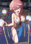  1girl adapted_costume arimoto_wataru barefoot bikini blue_eyes blurry blurry_background breast_zipper breasts collarbone depth_of_field detached_collar dutch_angle eyelashes foot_out_of_frame foreshortening hair_between_eyes hair_wings head_tilt highres hololive large_breasts looking_at_viewer medium_hair navel necktie night open_mouth outdoors pink_hair pool poolside red_necktie shadow shiny_skin sidelocks solo standing standing_on_one_leg swimsuit takane_lui teeth tile_floor tiles virtual_youtuber wading white_bikini 