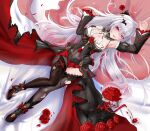  1girl absurdres black_thighhighs breasts copyright_request flower highres honkai_(series) honkai_impact_3rd long_hair luo_tian_er red_eyes red_flower red_rose rose theresa_apocalypse thighhighs vampire white_hair 