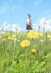  1girl absurdres backpack bag black_skirt blue_serafuku blue_sky brown_hair cloud dandelion day flower grass hayashi_naoyuki highres kneehighs long_sleeves original outdoors pleated_skirt scenery school_uniform serafuku short_hair skirt sky socks solo 