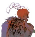  1other amazu_(mokeketenkomori) androgynous animal_in_mouth artist_name blood blood_on_face dead_animal feathered_wings feathers feet_out_of_frame folded_wings from_behind gauze_on_knee halo highres looking_at_viewer looking_back messy_hair mouse mouth_hold multiple_halos nude orange_eyes orange_hair original short_hair simple_background squatting stitched_arm stitched_leg stitches upturned_eyes white_background wings 