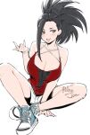  1girl alternate_costume arm_support artist_name bare_shoulders black_eyes black_hair boku_no_hero_academia breasts cleavage grey_background grey_footwear hand_up large_breasts legs_apart long_hair relaxjon shoes shorts simple_background sitting smile solo tongue tongue_out white_shorts yaoyorozu_momo 