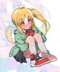  1girl @_@ artist_name black_skirt blonde_hair blush bocchi_the_rock! bow bowtie embarrassed green_jacket highres ijichi_nijika jacket red_bow red_bowtie red_eyes red_footwear shirt shoes sitting skirt sneakers sofa_(enogunomu) solo thighs white_background white_shirt 