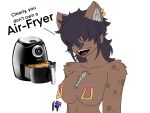  anthro big_breasts breasts chest_tuft ear_piercing ear_tuft female fur hair hair_over_eyes hi_res humor hyena illusionfallz intersex intersex/female leah_(akiradrawsstuff) mammal meme midriff nipple_piercing nipples open_mouth piercing purple_hair shoulder_tuft simple_background snout solo spots spotted_body spotted_fur tuft 