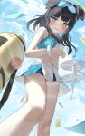  1girl absurdres animal_ears bare_legs bare_shoulders black_hair blue_archive blue_eyes blue_sky blush breasts cheerleader commentary_request confetti crop_top day dog_ears dog_girl eyewear_on_head feet_out_of_frame from_below goggles goggles_on_head hibiki_(blue_archive) hibiki_(cheer_squad)_(blue_archive) hidulume highres long_hair looking_at_viewer midriff millennium_cheerleader_outfit_(blue_archive) miniskirt navel official_alternate_costume open_mouth outdoors skirt sky sleeveless small_breasts solo standing stomach thighs white_skirt 