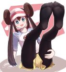  1girl :d arm_support bangs black_pantyhose blue_eyes blush bow bright_pupils brown_hair commentary_request double_bun doughnut_hair_bun feet feet_up full_body hair_bun heart highres kutabireta_neko legs legwear_under_shorts long_hair looking_at_viewer no_shoes open_mouth outline pantyhose pink_bow pokemon pokemon_(game) pokemon_bw2 raglan_sleeves rosa_(pokemon) shirt short_shorts shorts sleeves_past_elbows smile soles solo toes twintails visor_cap white_pupils yellow_shorts 