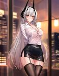 1girl absurdres alternate_costume arms_behind_back azur_lane beefusteku black_hair black_skirt black_thighhighs blurry blurry_background blush breasts building cleavage collared_shirt cowboy_shot english_commentary evening garter_straps grey_hair hair_between_eyes hair_intakes highres horns indoors kursk_(azur_lane) large_breasts long_hair long_sleeves looking_at_viewer miniskirt multicolored_hair office_lady pencil_skirt red_eyes shirt skirt skyscraper smile solo streaked_hair thighhighs white_shirt 