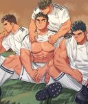  4boys abs american_football_uniform bara bare_pectorals blush grass hair_over_one_eye hand_on_own_chin highres large_pectorals long_sideburns male_focus mature_male multiple_boys muscular muscular_male navel nipples original own_hands_together pectorals seductive_smile shirt short_hair short_shorts shorts sideburns sideways_glance sitting smile smirk soccer socks sparse_stubble sportswear stomach stroking_own_chin sweat t-shirt thick_eyebrows towel towel_around_neck undressing_another v-shaped_eyebrows white_socks yaoi youchi123 