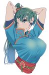  1girl blue_dress breasts covered_nipples dress earrings fire_emblem fire_emblem:_the_blazing_blade green_eyes green_hair high_ponytail jewelry large_breasts long_hair lyn_(fire_emblem) ponytail rope_belt tying_hair yoru_(yoruyonaka) 