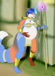  anthro belly big_belly big_breasts blue_body blue_fur blue_hair breasts canid canine clothed clothing digital_media_(artwork) female fox fur hair hi_res jorge-the-wolfdog krystal mammal nintendo open_mouth pregnant pregnant_female shocked solo staff standing star_fox surprise surprised_expression transformation white_body white_fur woxie 