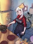  1girl apron black_apron cooking demon demon_girl demon_horns demon_tail egoman_freeman food frying_pan helltaker highres holding_cooking_pot horns kitchen lucifer_(helltaker) mole mole_under_eye pancake red_eyes red_shirt refrigerator shirt tail white_hair white_horns 