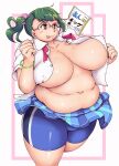  1girl :q bike_shorts blue_skirt blush breasts breasts_apart buttons clenched_hands collarbone commentary_request covered_nipples fat foot_out_of_frame glasses green_hair highres huge_breasts long_hair looking_away miniskirt muffin_top navel nikuko_(galko) open_clothes open_shirt orizen oshiete!_galko-chan over-rim_eyewear packet pink-framed_eyewear semi-rimless_eyewear short_sleeves shorts skirt solo tareme tongue tongue_out translation_request twintails white_background wing_collar yellow_eyes 