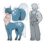  &lt;3 animal_genitalia blue_hair bulge centaur clothing equid equid_taur equine_genitalia erection genitals girly hair human humanoid_taur larger_human lonely_cri male male/male mammal mammal_taur overalls size_difference tagme taur 