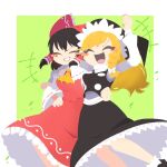  +++ 2girls :d arm_up blush_stickers breasts commentary_request friends green_background grin hakurei_reimu hand_on_own_hip happy highres kirisame_marisa medium_breasts multiple_girls shinsei_tomato simple_background smile teeth tongue touhou 