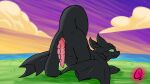  aroused black_body dragon dreamworks dusk genitals green_eyes how_to_train_your_dragon kakau221 male penis scales solo toothless wings 